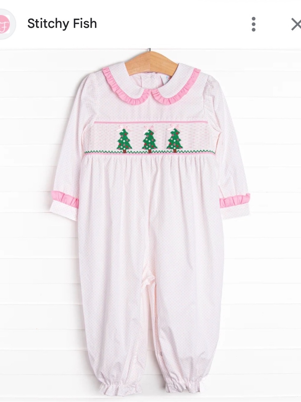 Stitchy Fish Pink Smocked Christmas Tree One-Piece Bodysuit